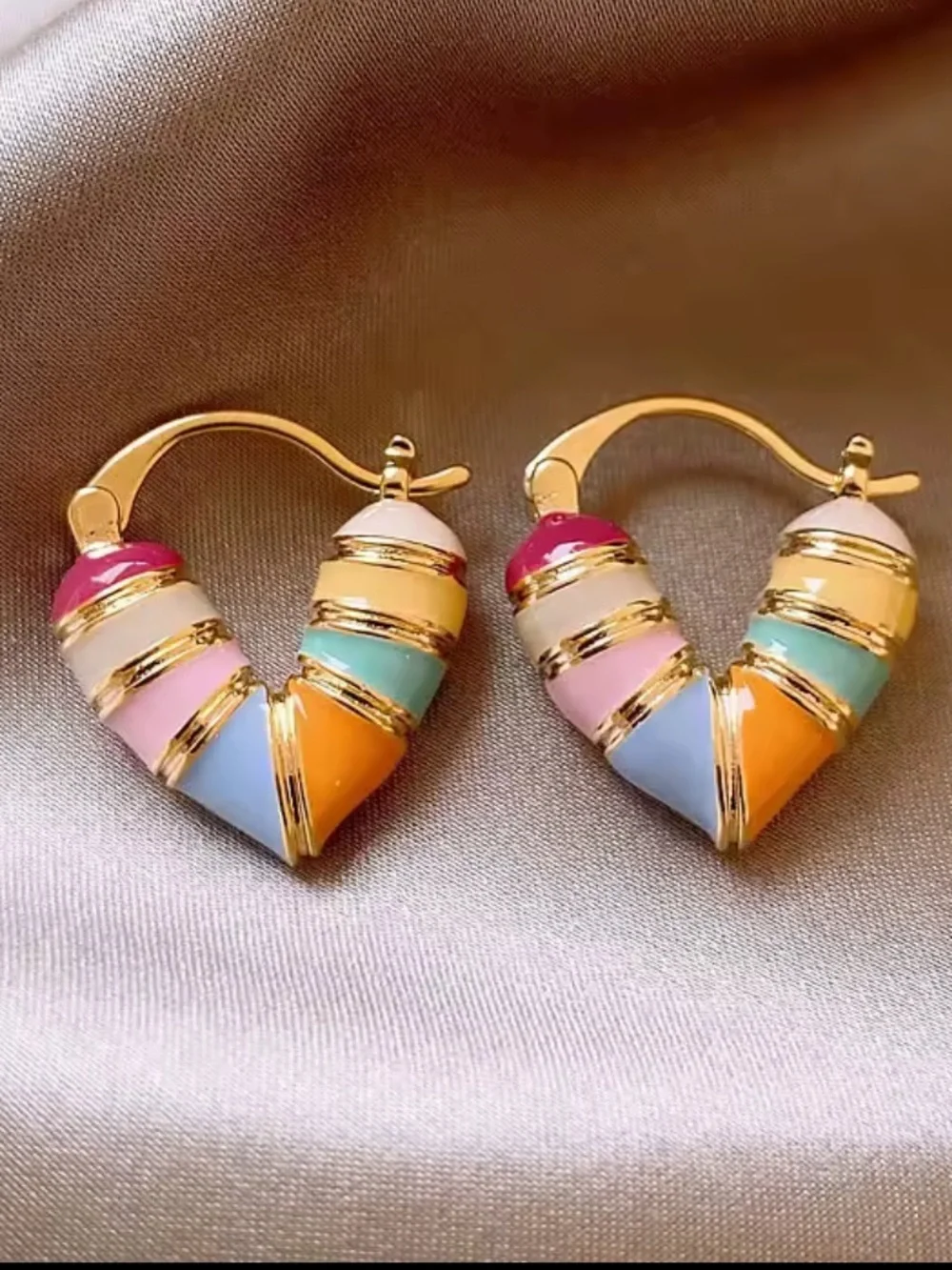 Anthropologie Gold Heart Hoop Earrings with Multicolor Enamel